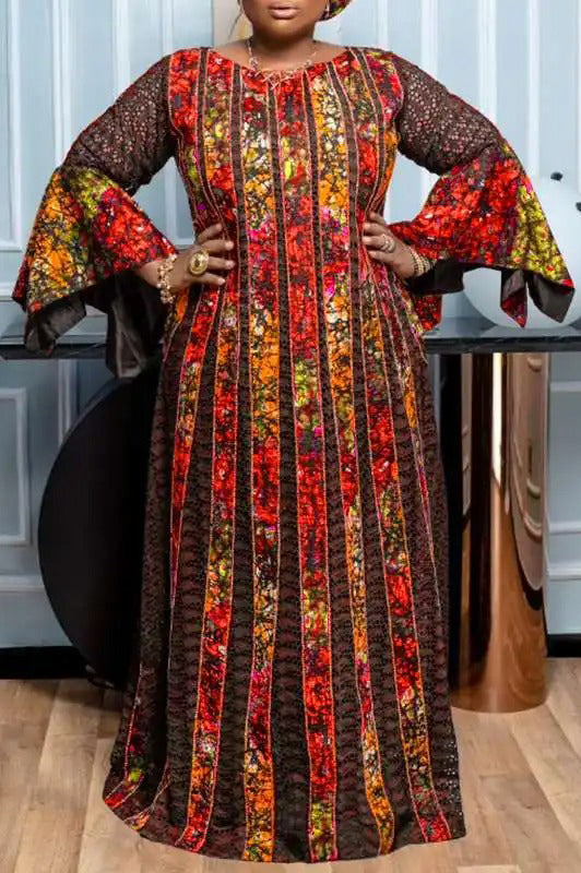 Vintage Printed Long Flare Sleeve Casual Loose Party Maxi Dress