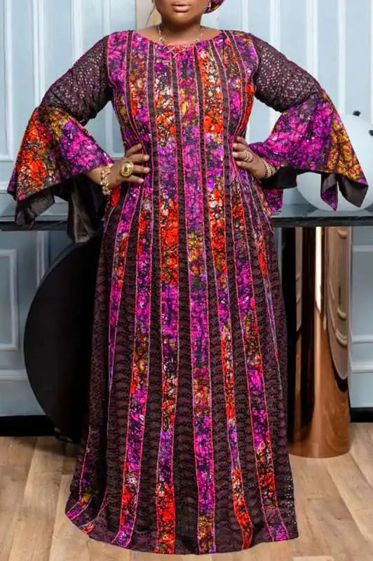 Vintage Printed Long Flare Sleeve Casual Loose Party Maxi Dress