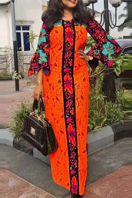 Vintage Casual Flare Sleeve Floral Printed Loose Maxi Dress