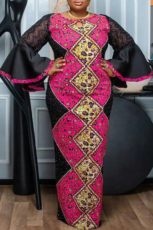 Elegant Plus Size Casual Lace Patchwork Flare Sleeve Loose Maxi Dress