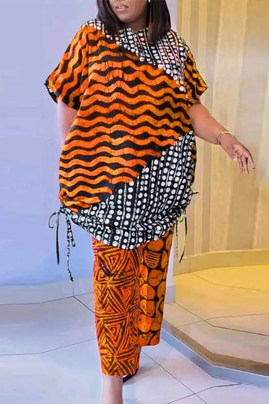 Plus Size Printed Patchwork Suits Elegant Short Sleeve Tops Long Trousers Two Pieces