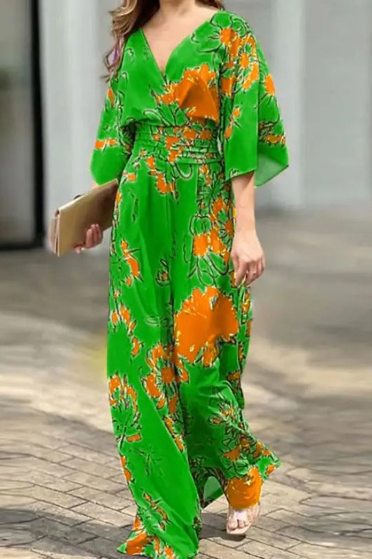 Casual Printed Long Romper Sexy V-Neck Flare Sleeve High Elastic Waist Jumpsuits