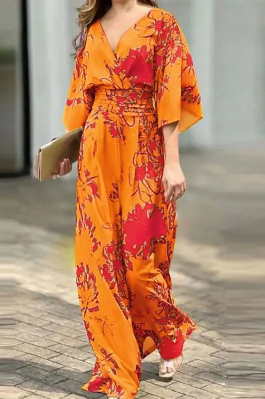 Casual Printed Long Romper Sexy V-Neck Flare Sleeve High Elastic Waist Jumpsuits