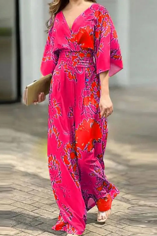 Casual Printed Long Romper Sexy V-Neck Flare Sleeve High Elastic Waist Jumpsuits