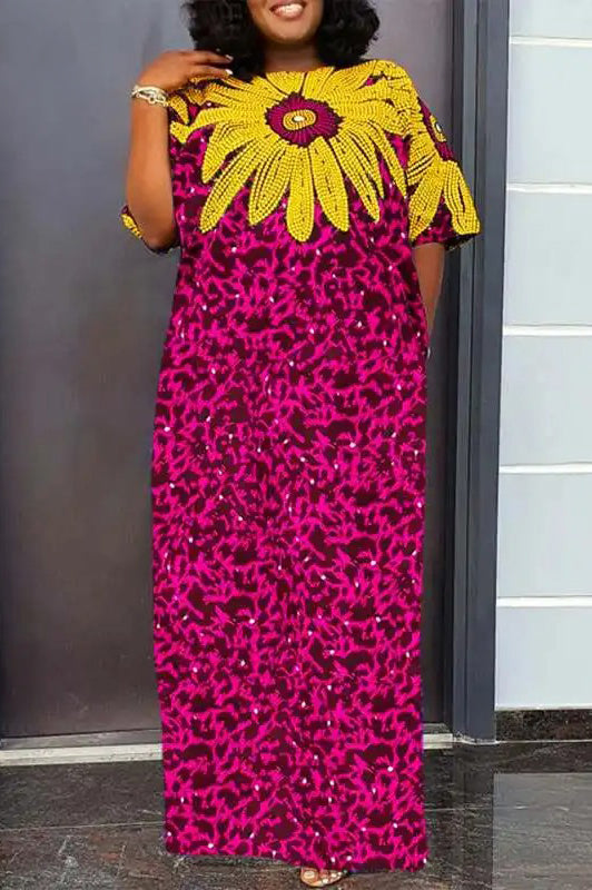 Vintage Plus Size Short Sleeve Printed Sundress Loose Casual Maxi Dress