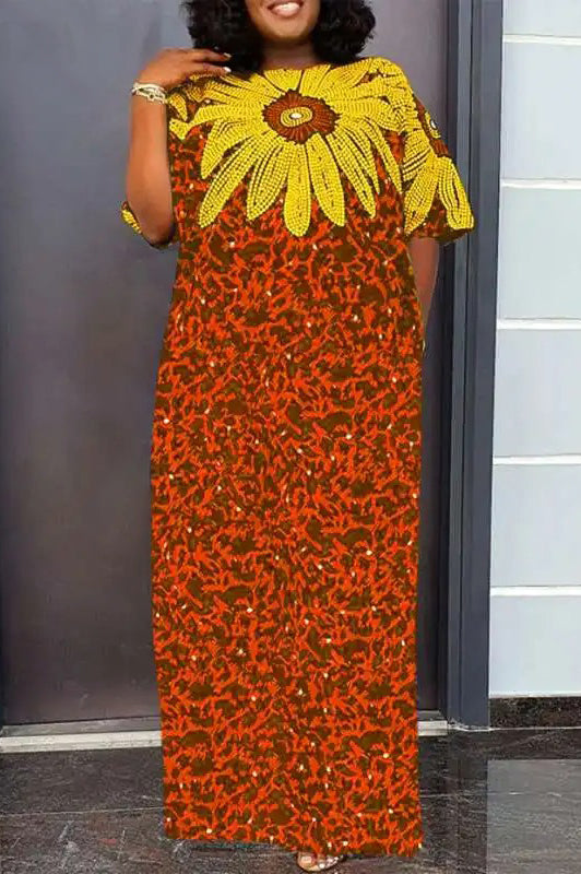 Vintage Plus Size Short Sleeve Printed Sundress Loose Casual Maxi Dress