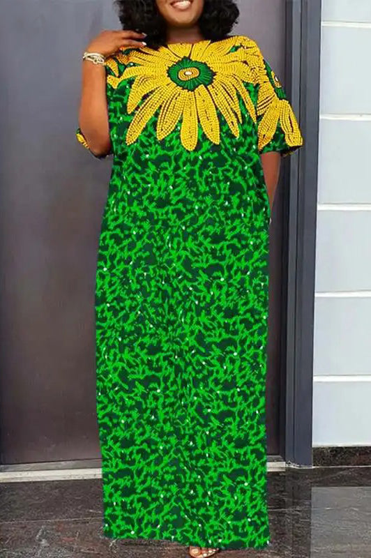 Vintage Plus Size Short Sleeve Printed Sundress Loose Casual Maxi Dress