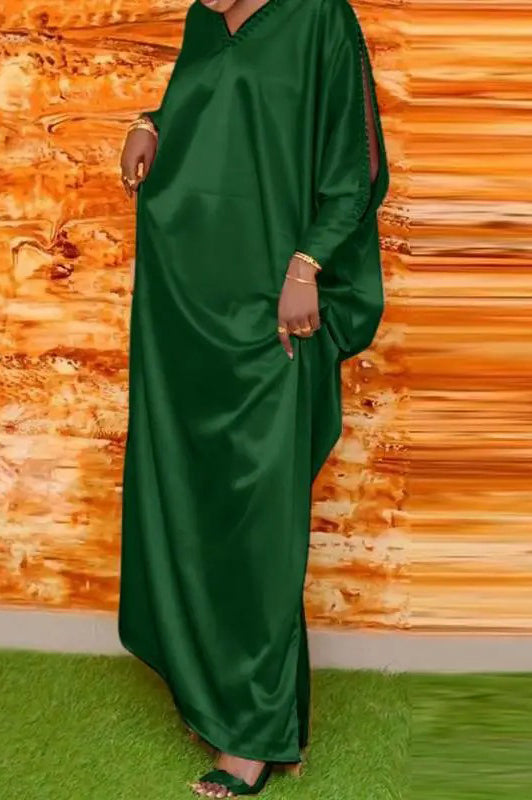 Vintage Printed Party V-neck Solid Satin Silk Maxi Long Dress