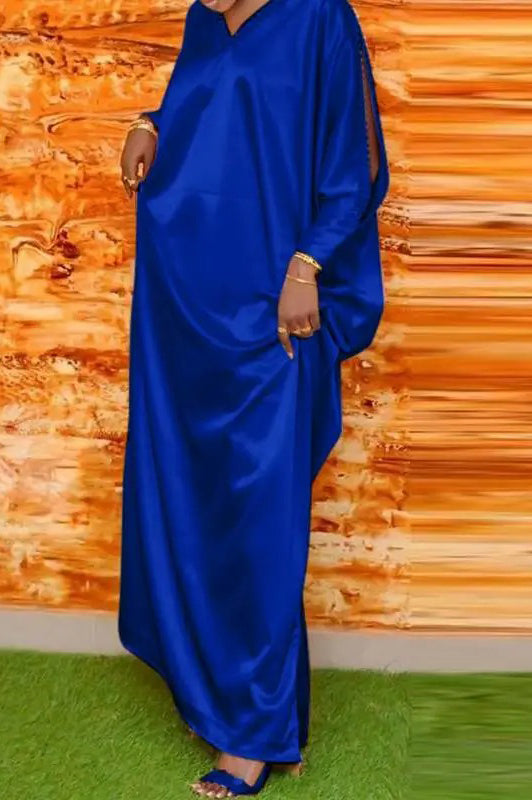 Vintage Printed Party V-neck Solid Satin Silk Maxi Long Dress