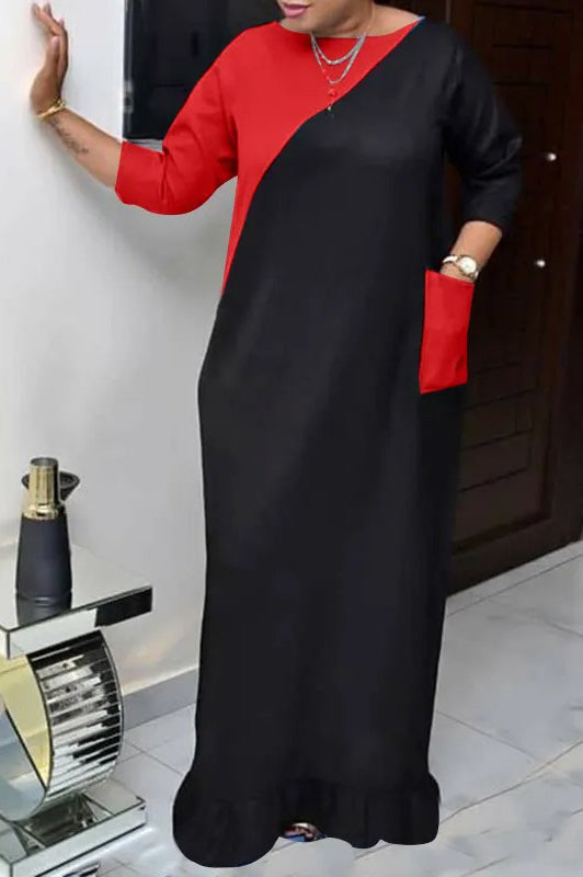 Vintage Long Sleeve Color Patchwork Loose Pockets Ruffled Maxi Dress