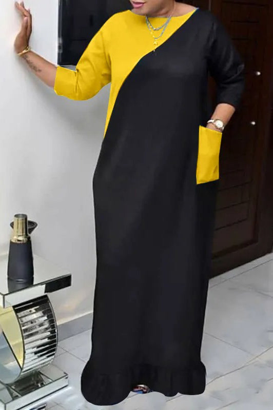 Vintage Long Sleeve Color Patchwork Loose Pockets Ruffled Maxi Dress