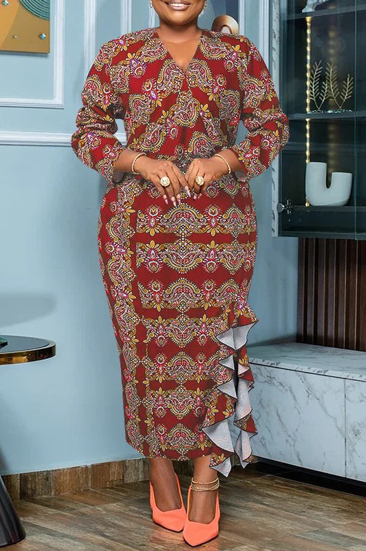 Elegant Ruffled Vintage Printed V Neck Loose Party Maxi Dress