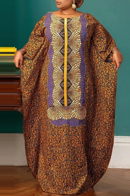 Elegant Printed Casual Loose Bat-wing Sleeve Round Neck Oversized Maxi Dress