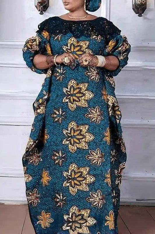 Elegant Floral Printed Puff Sleeve Split Lace Patchwork Plus Size Maxi Dress