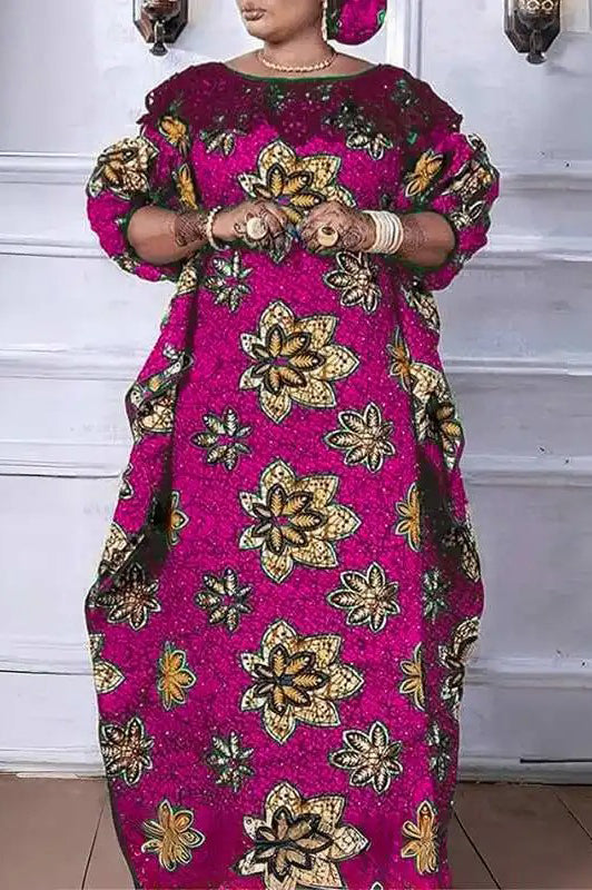 Elegant Floral Printed Puff Sleeve Split Lace Patchwork Plus Size Maxi Dress