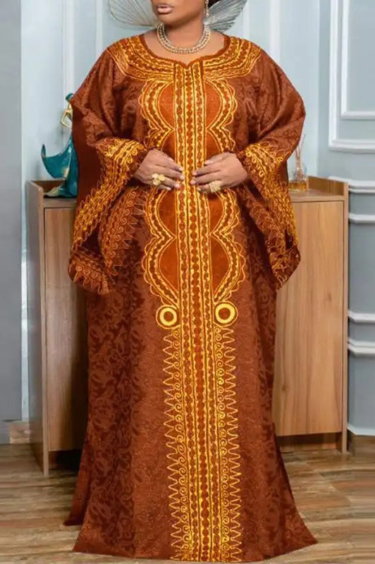 Elegant Flare Sleeve Vintage Printed Casual Loose Oversized Plus Size Maxi Dress