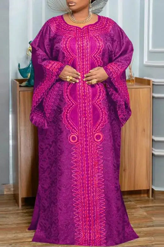 Elegant Flare Sleeve Vintage Printed Casual Loose Oversized Plus Size Maxi Dress