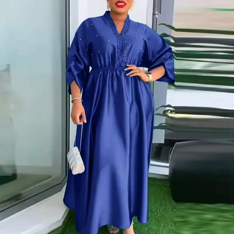 Elegant Three Quarter Sleeve Vintage Solid Color Sexy V-Neck Loose Plus Size Maxi Dress