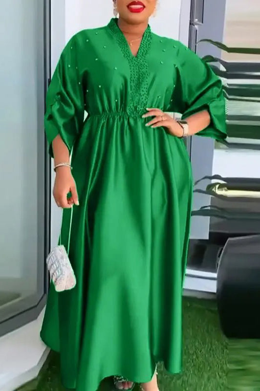 Elegant Three Quarter Sleeve Vintage Solid Color Sexy V-Neck Loose Plus Size Maxi Dress