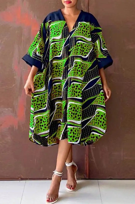 Elegant V Neck Sexy Half Sleeve Casual Printed Loose Plus Size Dress