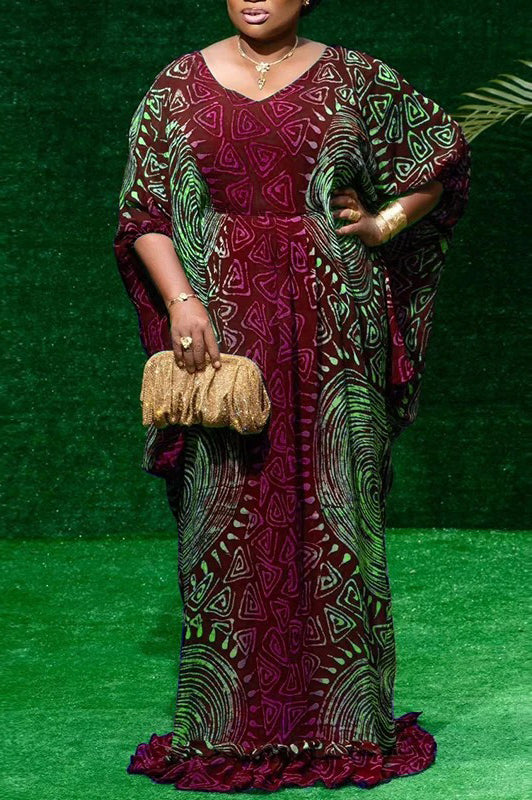Elegant Printed Vintage Bat-wing Sleeve Casual Loose Oversized Maxi Dress