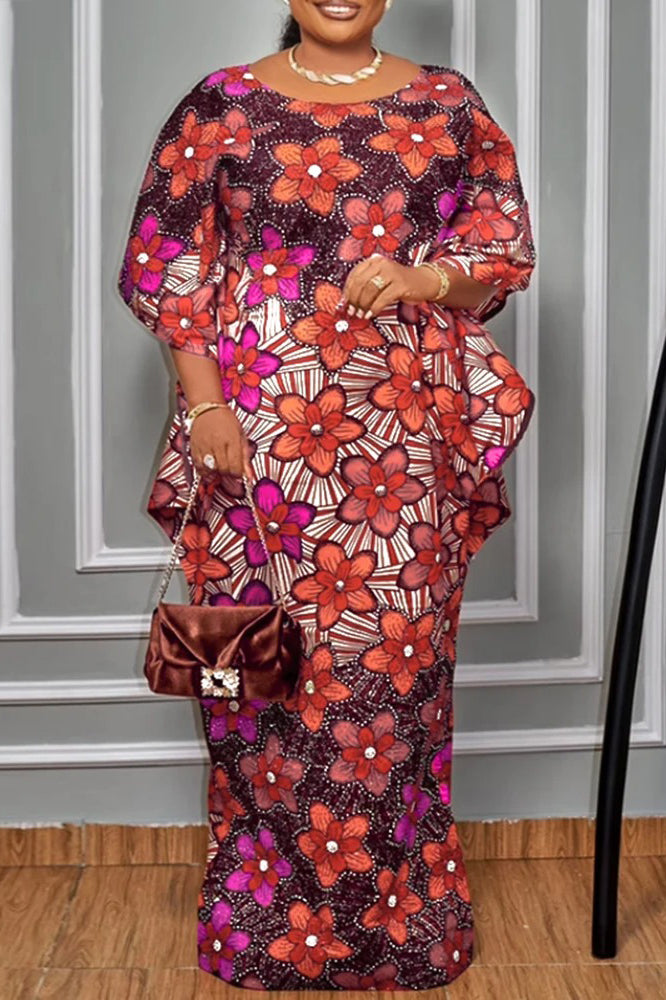 Elegant Party Printed Vintage Casual O-Neck Loose Plus Size Maxi Dress