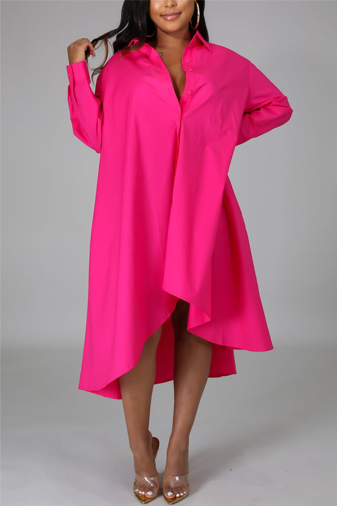 Fashion Casual Regular Sleeve Long Sleeve Turndown Collar Shirt Dress Knee Length Solid Dresses