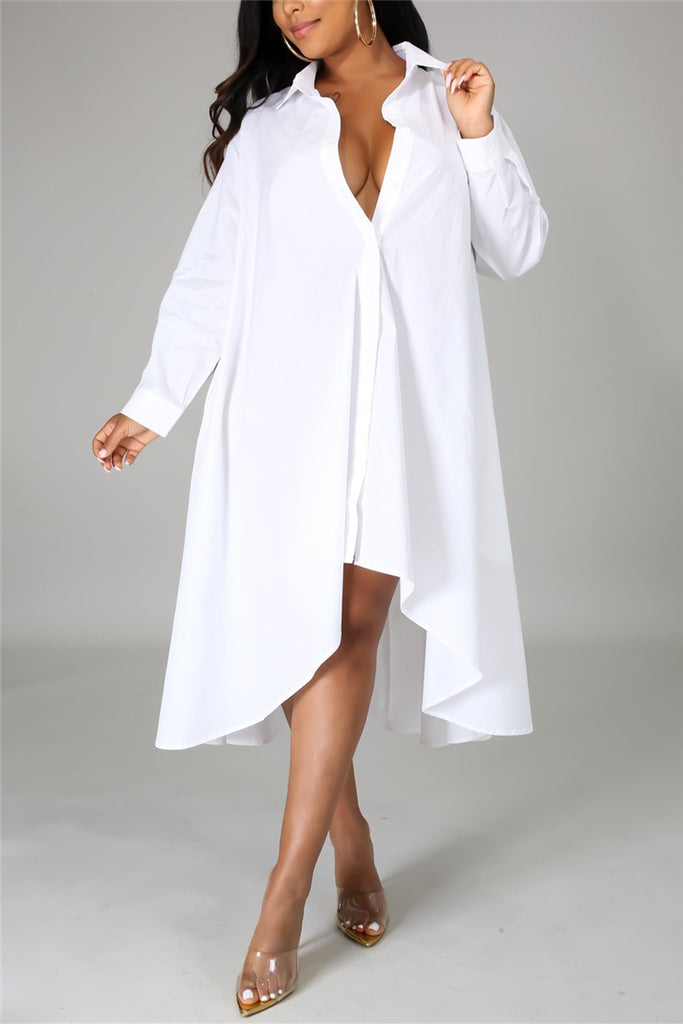 Fashion Casual Regular Sleeve Long Sleeve Turndown Collar Shirt Dress Knee Length Solid Dresses