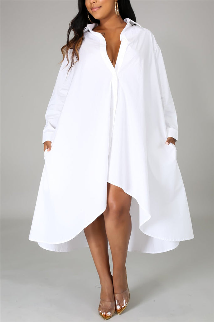 Fashion Casual Regular Sleeve Long Sleeve Turndown Collar Shirt Dress Knee Length Solid Dresses