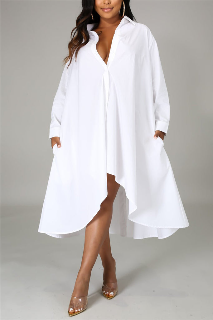 Fashion Casual Regular Sleeve Long Sleeve Turndown Collar Shirt Dress Knee Length Solid Dresses