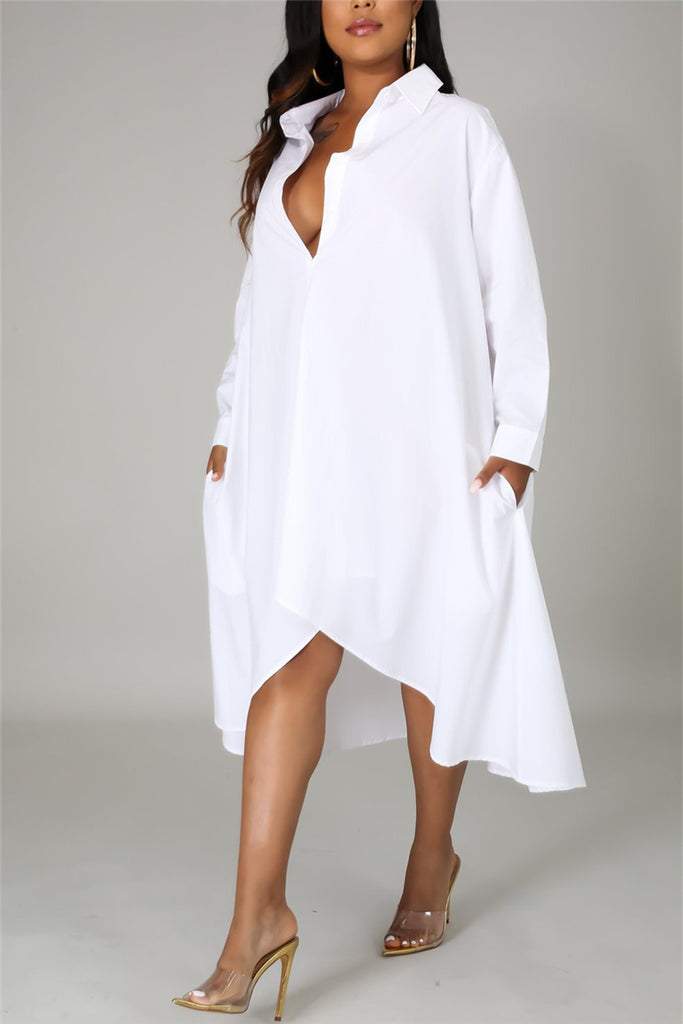 Fashion Casual Regular Sleeve Long Sleeve Turndown Collar Shirt Dress Knee Length Solid Dresses