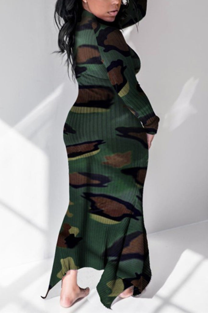 Fashion Casual Plus Size Camouflage Print Basic O Neck Printed Dress