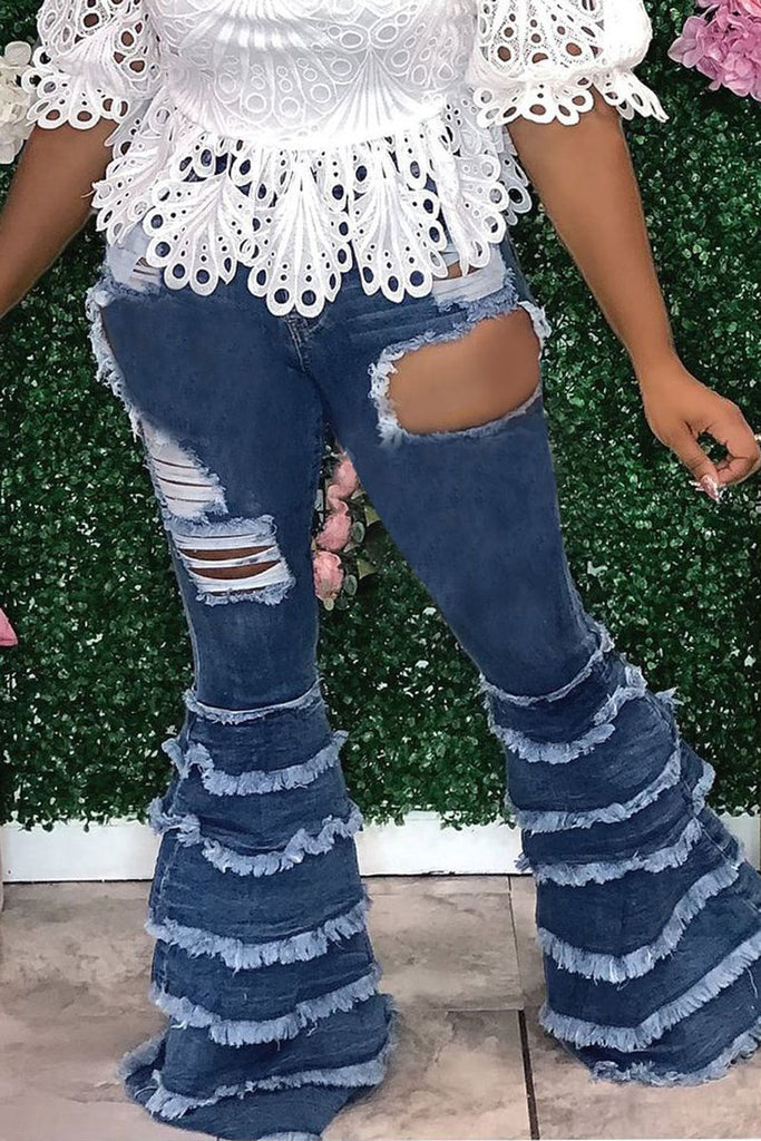 Sexy Solid Ripped High Waist Regular Denim