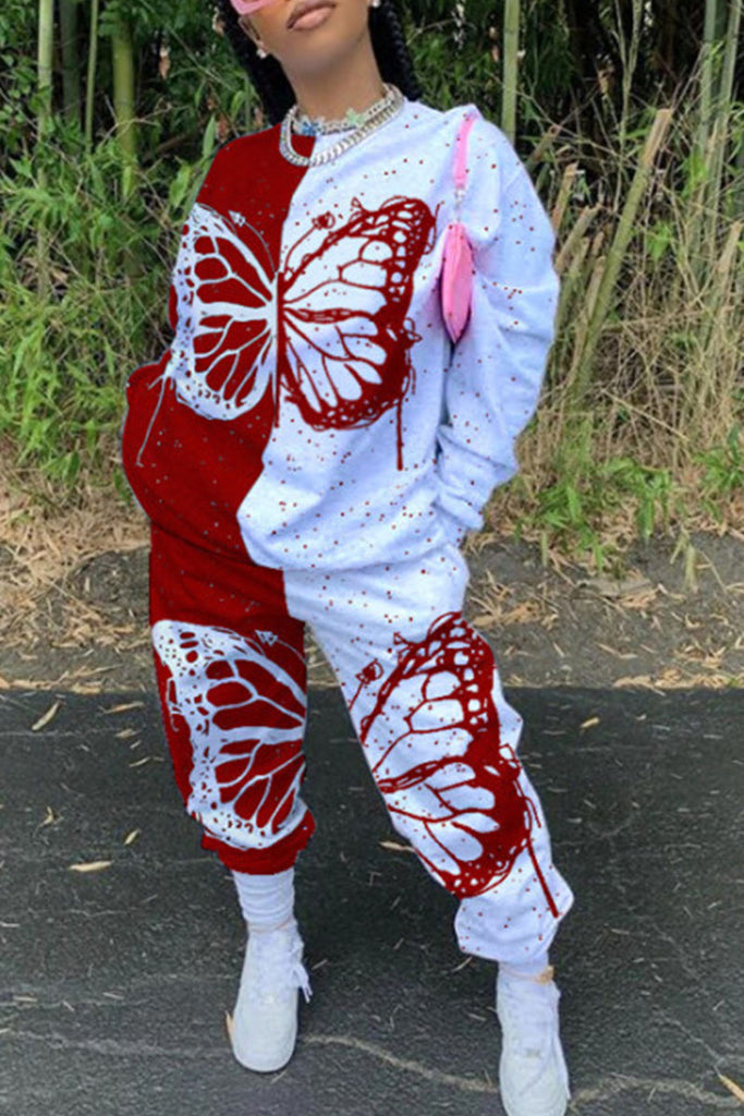 Casual Butterfly Print Patchwork O Neck Long Sleeve Two Pieces