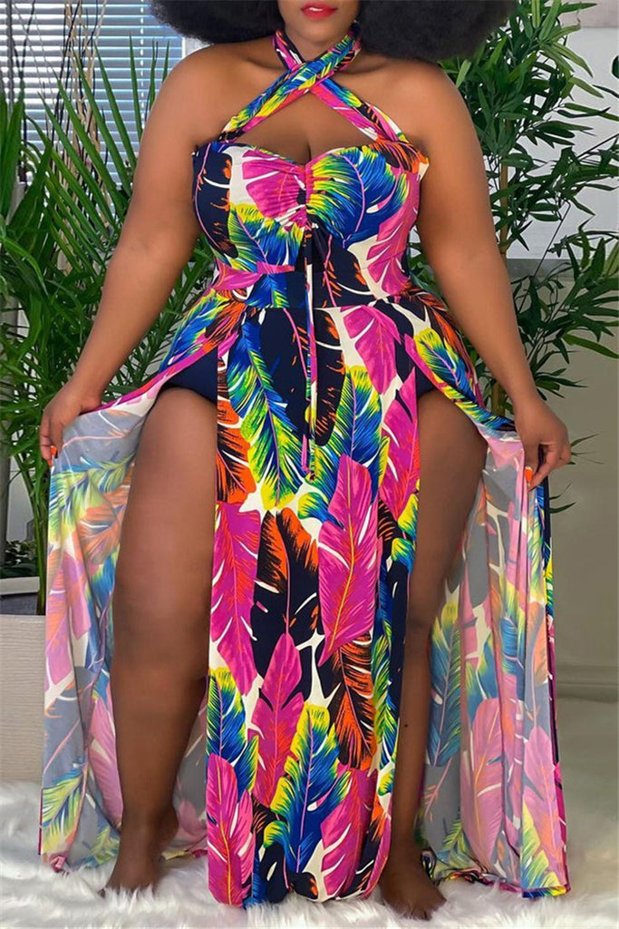 Fashion Sexy Plus Size Print Backless Slit Halter Sleeveless Dress