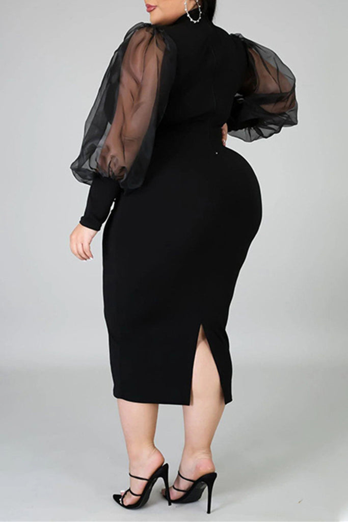 Fashion Solid Patchwork See-through Slit Half A Turtleneck Long Sleeve Plus Size Dresses