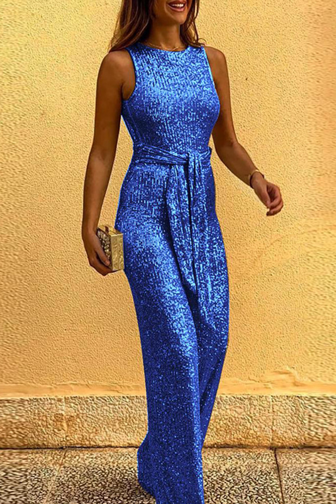 Elegant Solid Sequined With Belt O Neck Straight Jumpsuits