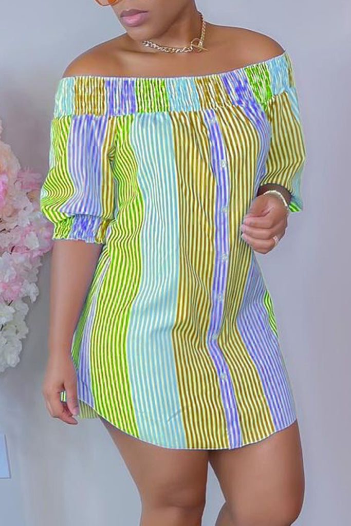 Casual Striped Patchwork Off the Shoulder Straight Dresses