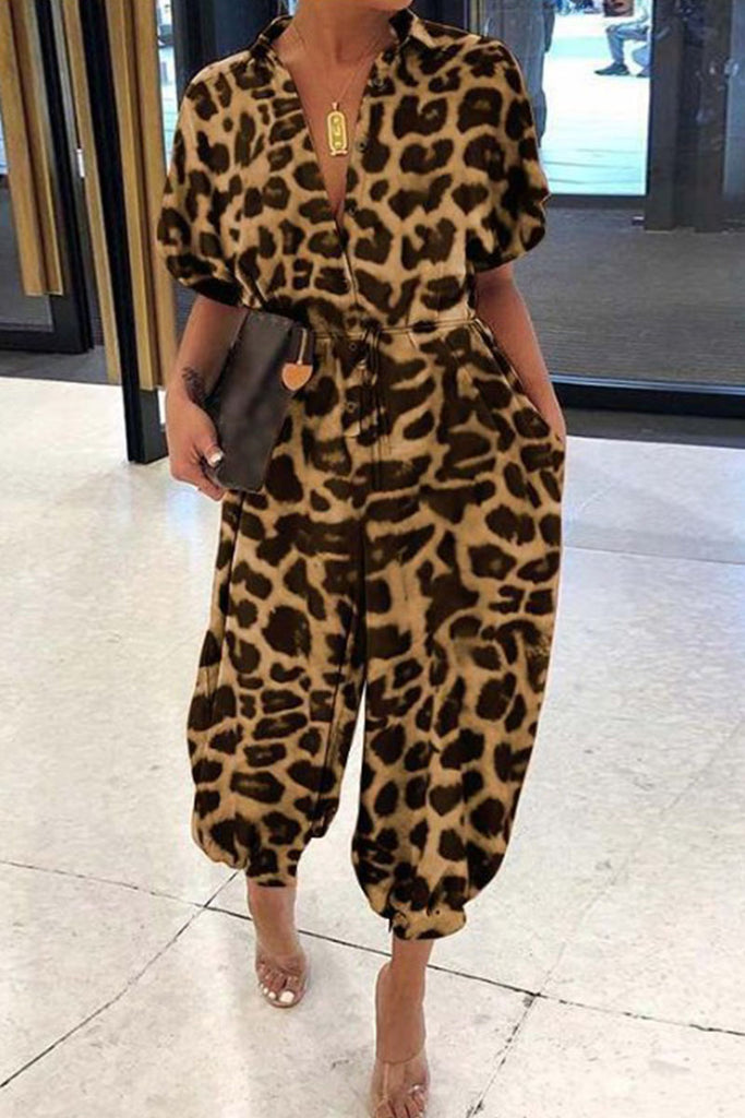 Casual Print Patchwork Buckle Turndown Collar Loose Jumpsuits