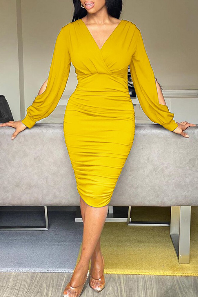 Sexy Solid Hollowed Out V Neck Pencil Skirt Dresses