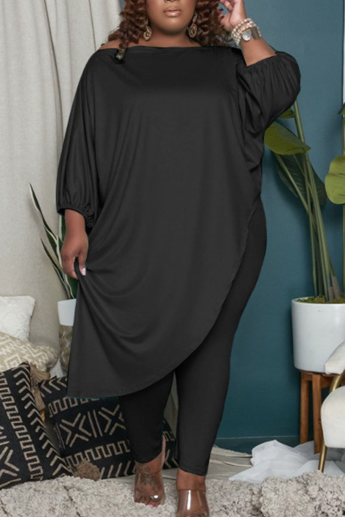 Casual Solid Patchwork Asymmetrical Off the Shoulder Plus Size Two Pieces
