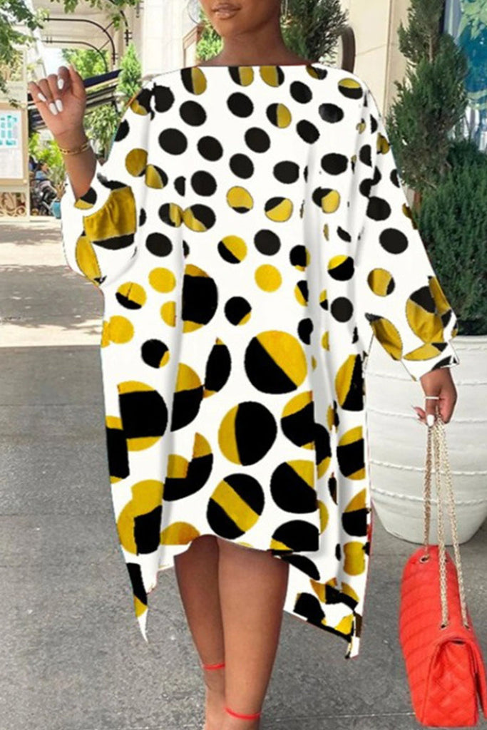 Fashion Print Polka Dot Patchwork Asymmetrical Off the Shoulder Straight Dresses
