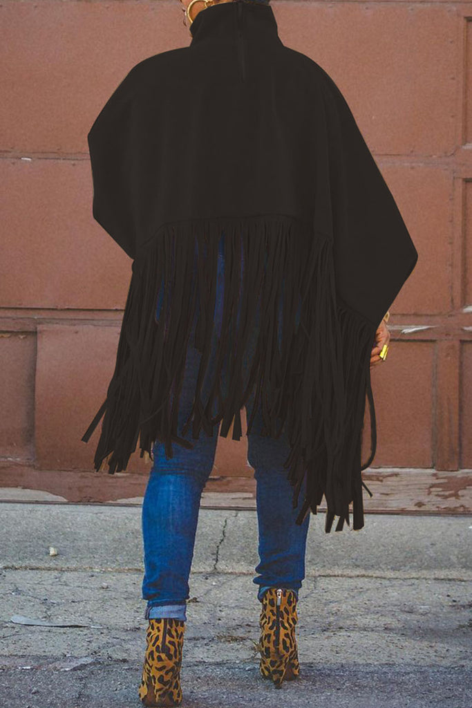 Fashion Vintage Solid Tassel Turtleneck Plus Size Overcoat