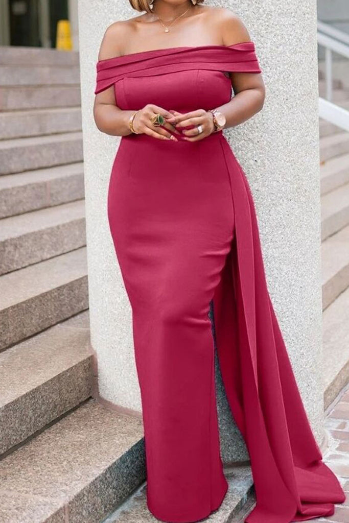 Elegant Solid Patchwork Asymmetrical Off the Shoulder Evening Dress Dresses