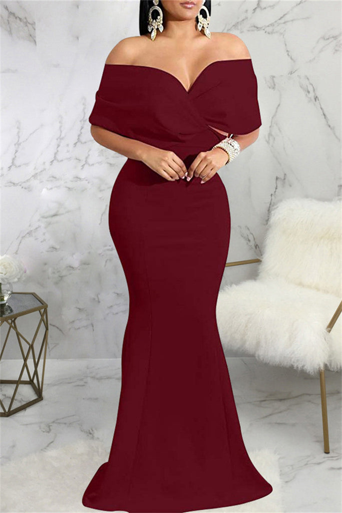 Fashion Sexy Solid Backless V Neck Evening Dress