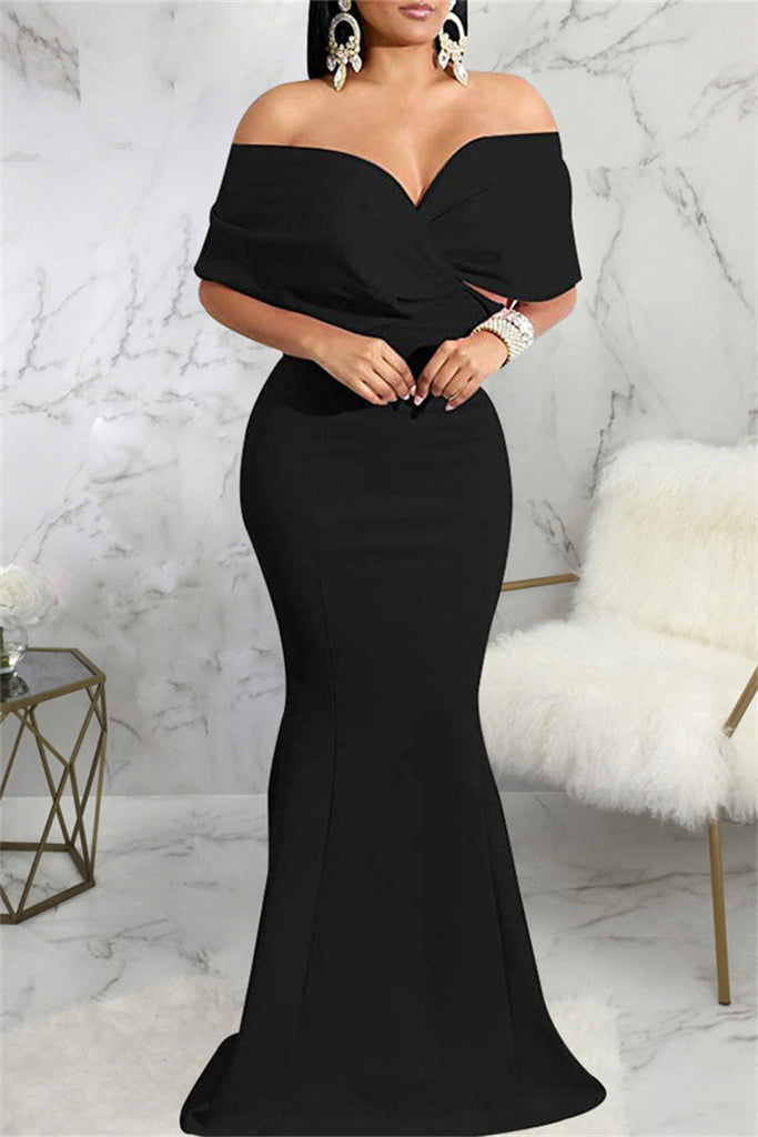 Fashion Sexy Solid Backless V Neck Evening Dress