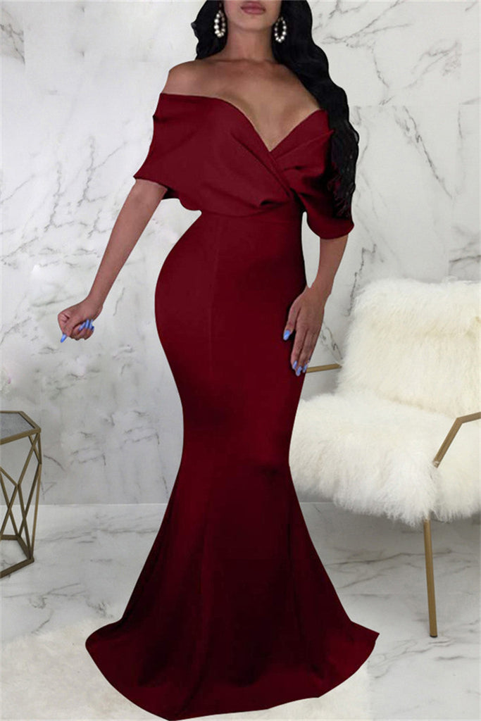 Fashion Sexy Solid Backless V Neck Evening Dress