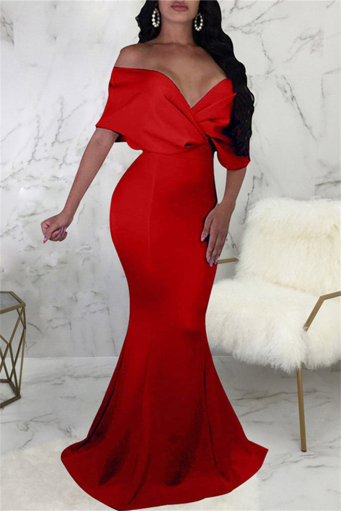 Fashion Sexy Solid Backless V Neck Evening Dress