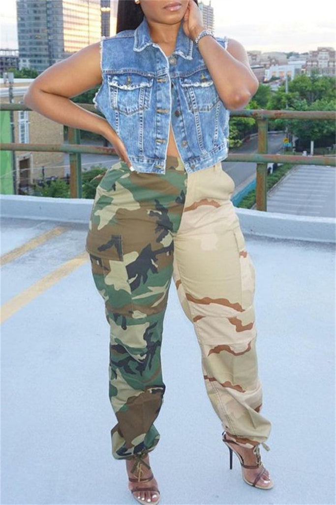 Fashion Casual Camouflage Print Patchwork Regular High Waist Trousers