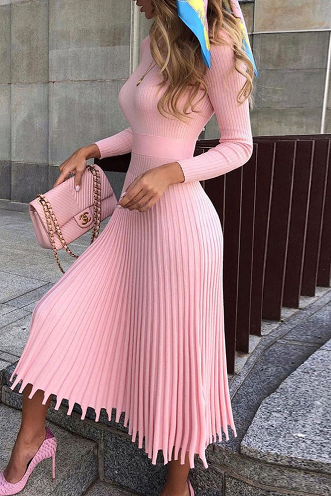 Casual Sweet Solid Patchwork Fold O Neck A Line Dresses